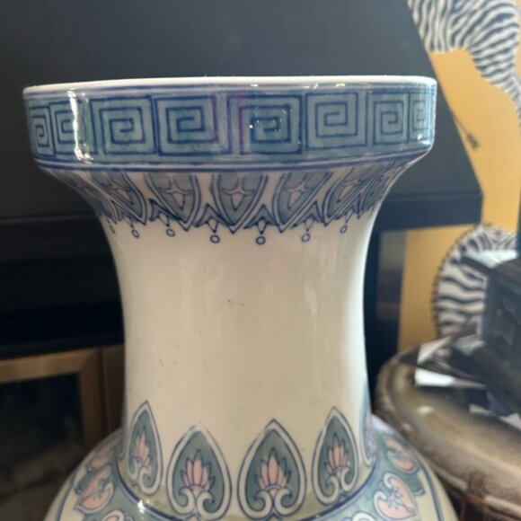 Vintage Blue and White Asian Vase with Pink Floral Accents w Birds 24 inch - Picture 6 of 15